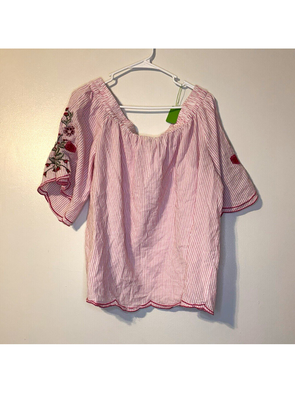 Umgee USA Womens 2XL White Pink Striped Embroidered Square Neck Bell Blouse